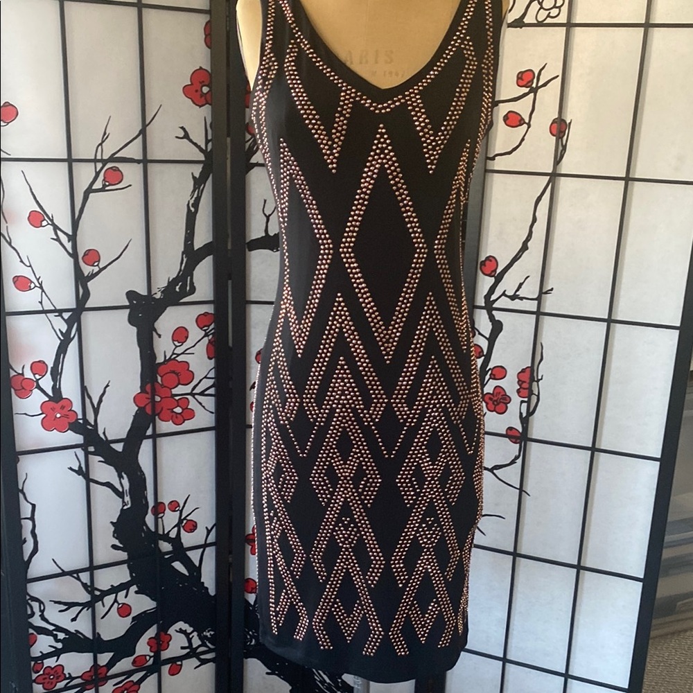 Black and Tan Sheath Mini Dress with Spaghetti Straps